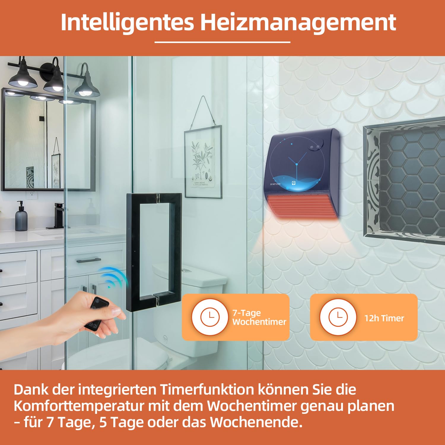 SHX Termoventilatore da bagno, 2000 W, termostato con telecomando, resistente all'acqua, sicuro in bagno, nero