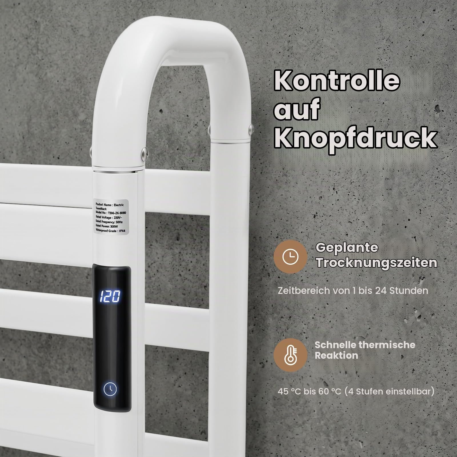 Handtuchheizkörper Elektrisch Handtuchhalter ohne Bohren 1-24h Timer, 45-60°C 180W Weiß Doppelstöckig Freistehend Handtuchwärmer für Bad bis 30kg 60 * 43 * 90.5cm