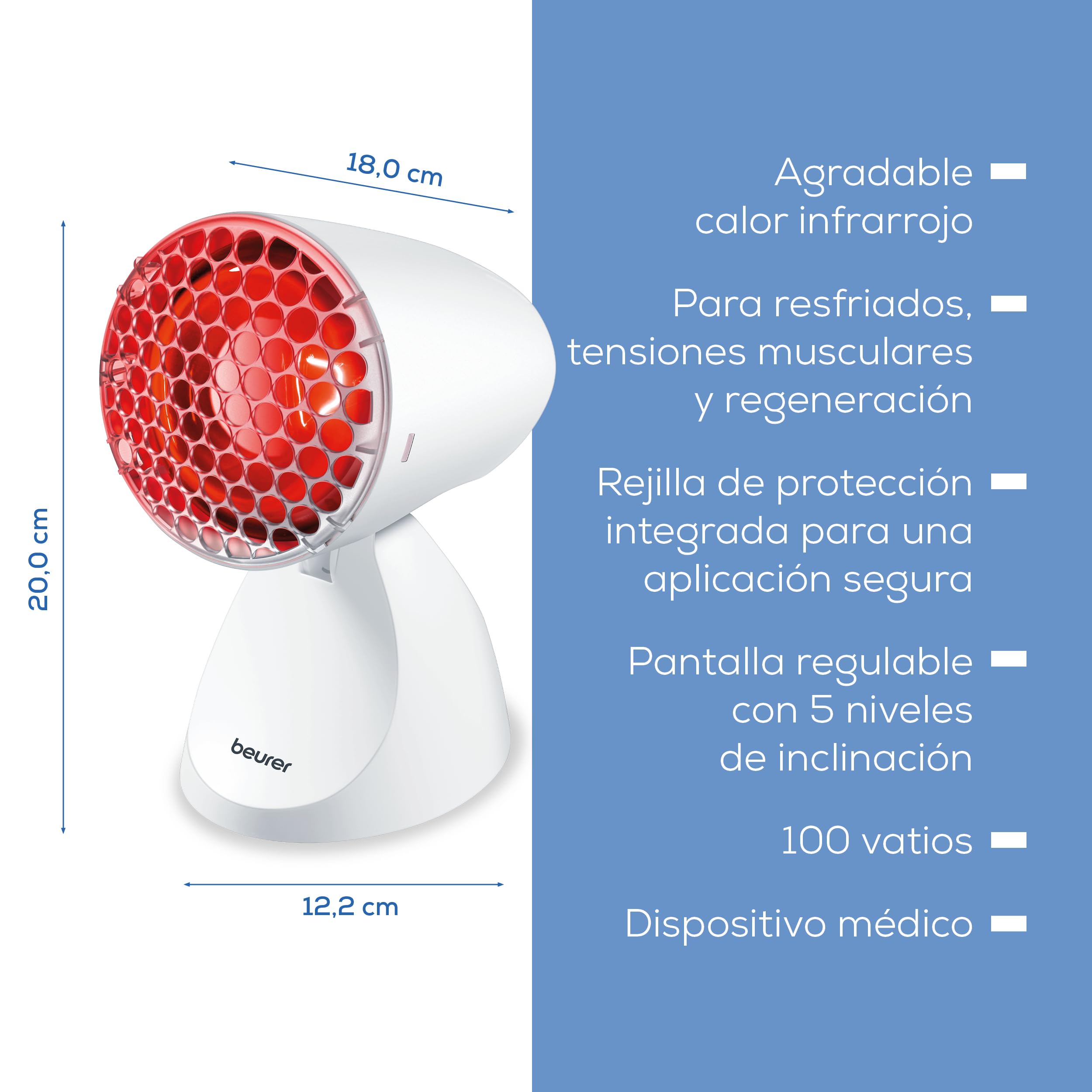 Beurer IL 11 Lámpara de infrarrojos con rejilla protectora, dispositivo médico con calor calmante para uso en resfriados y tensiones musculares, 5 niveles de inclinación