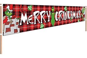 Large Merry Grinchmas Banner Grinch Christmas Banner with Red Buffalo Plaid Design