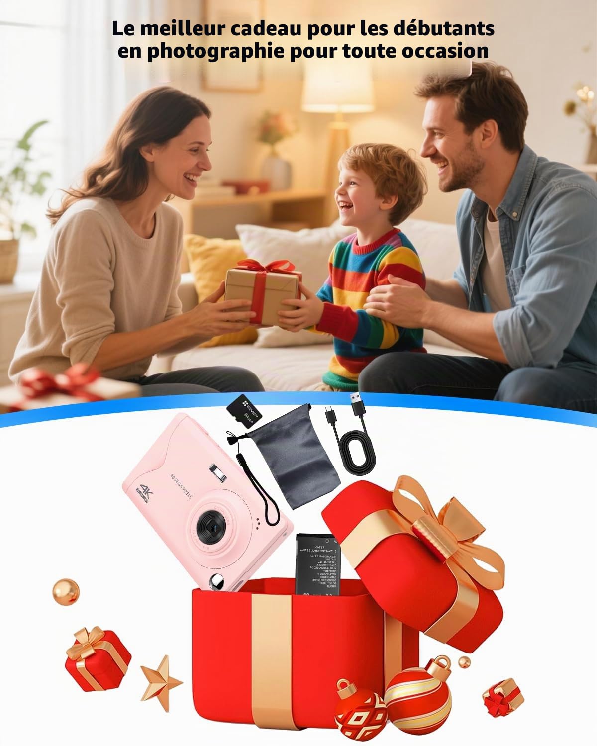 Longyi Appareil Photo numérique 4K 48 MP avec Carte SD 32 Go, Zoom numérique 16x, Appareil Photo Compact avec câble USB, Sac Portable pour Enfants, débutants, Adolescents et étudiants - Rose