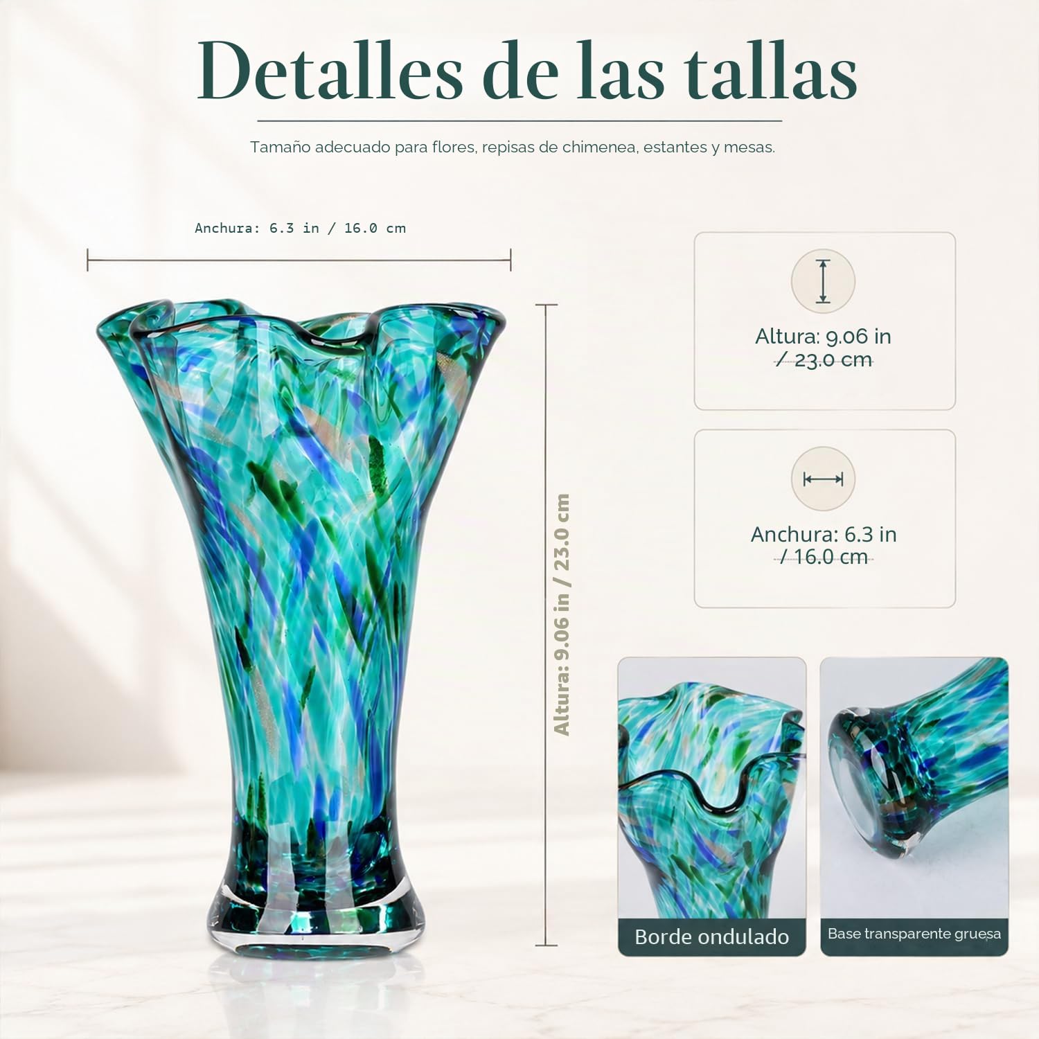 Vasos de vidrio azul petrel de 22,9 cm de altura para flores, jarrón de vidrio soplado a mano, decoración de interior, jarrón para flores verdes de cuello ancho, centros de mesa, para estantería, mesa
