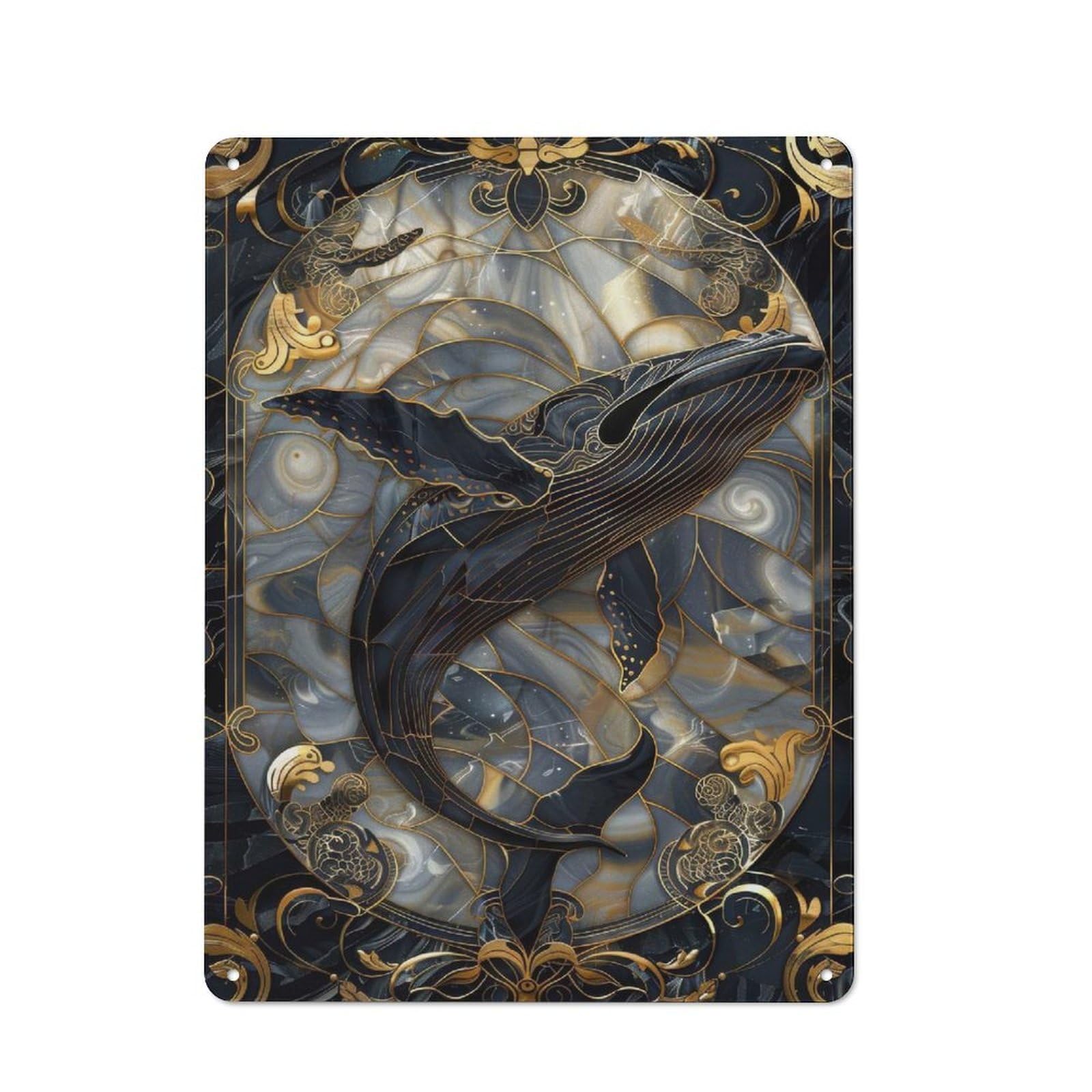 Stained Glass Whale Tin Sign 40x30cm, Rustic Home Bar Decor for Cafe, Pub, Workshop Or Home Bar, for Casual British Interiors