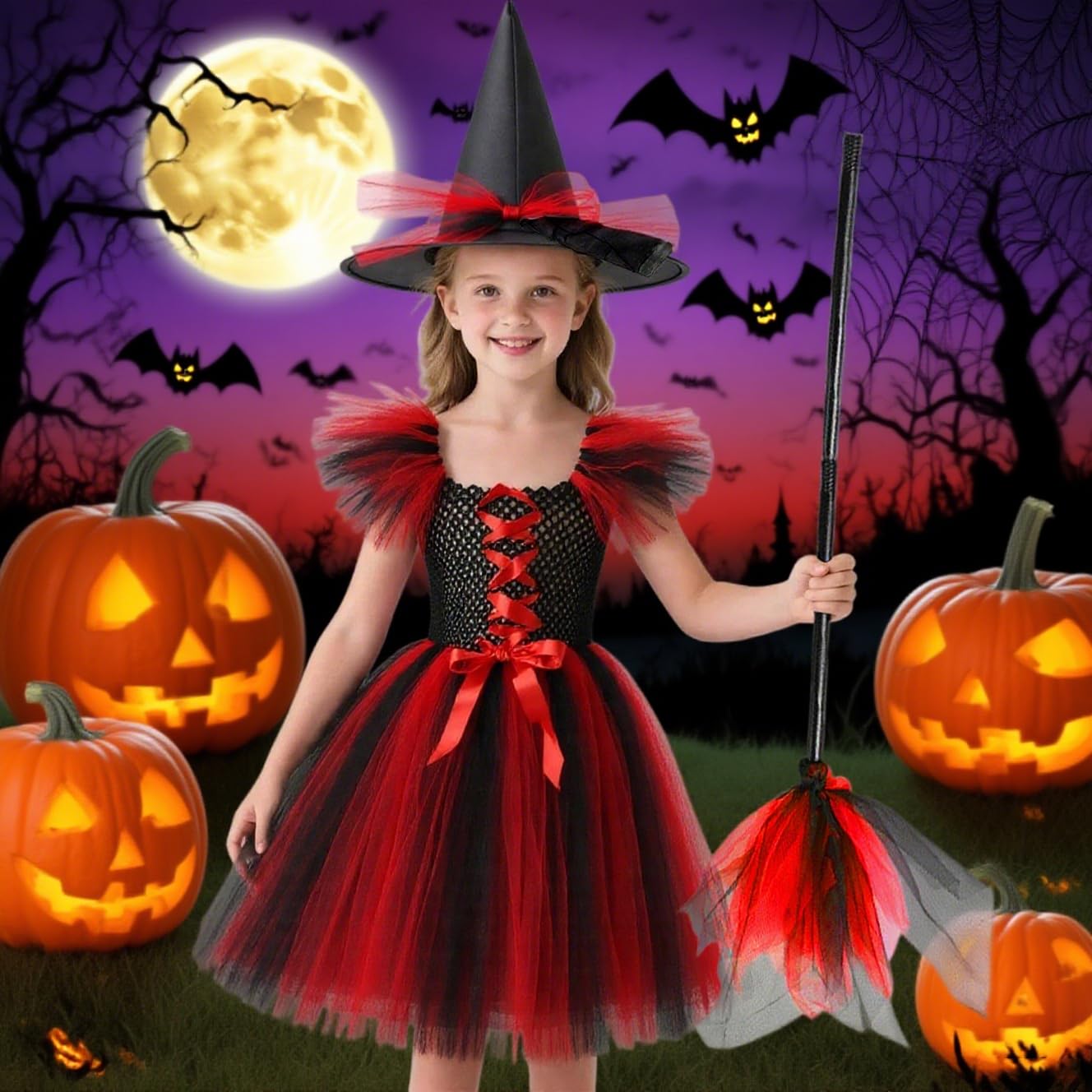 HarnyLoom Witch Costume Kids Girl Witches Dress Princess Outfit Scary Purple Hat Brooms Party Cosplay Carnival Fancy Dress (Red - Image 4