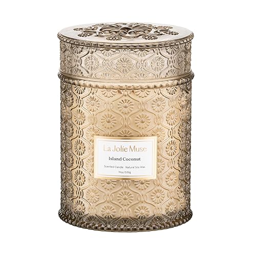 LA JOLIE MUSE Vanilla Coconut Candle, 19 oz Wood Wicked Candles for Home Scented, Natural Soy Wax, Large Glass Jar Candle, 90 Hours Long Burning, Island Coconut - Island Coconut