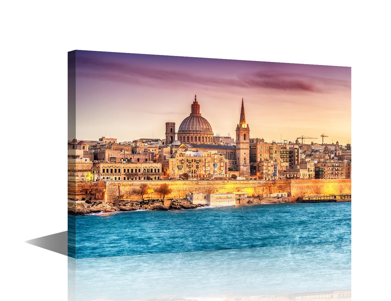 TISHIRON Valletta Skyline at Sunset Canvas Wall Art Europe City Malta Posters & Prints Artwork Contemporary Home Decor Stretched Canvas Picture for Living Room Bedroom Home Office Decor 24x16in