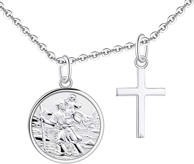 FJ St. Christopher Necklace 925 Sterling Silver, Round Coin Antiqued Religious Protector Talisman Pendant, for Women Children