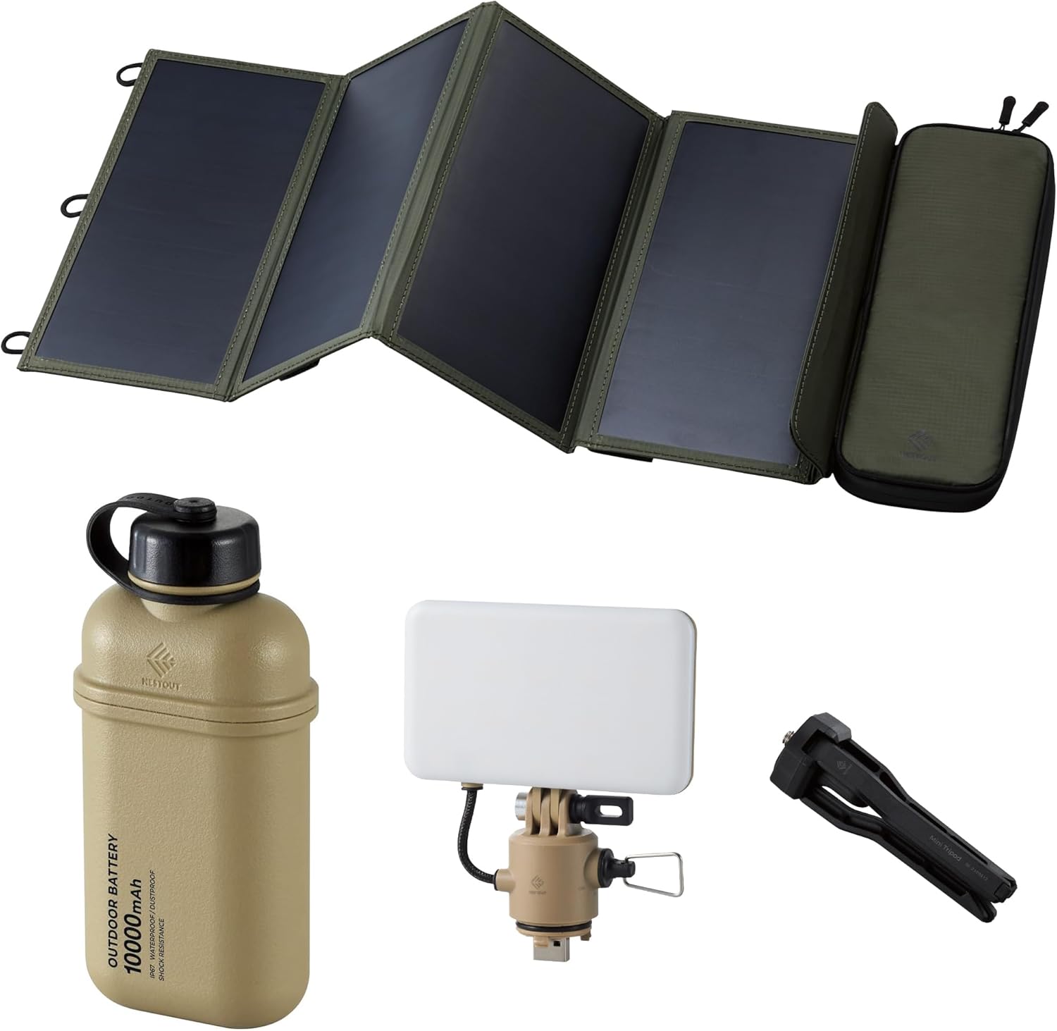 ELECOM NESTOUT 10000mAh Outdoor Power Bank + 4-Panel Solar Panel + Flash-1 LED Flash Light Panel 1000 Lumen - Beige