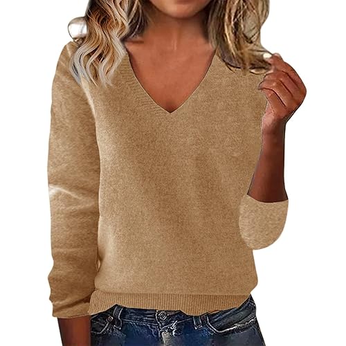 Cashmere Sweaters for Women V Neck Long Sleeve Plain Cozy