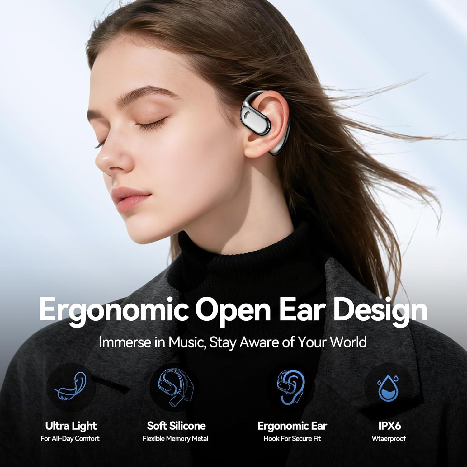 Open Ear Earbuds Bluetooth Wireless Headphones with LED Power Display, 48h Playtime, IPX6 Waterproof Comfortable for Workout, Running, Cycling (Black)