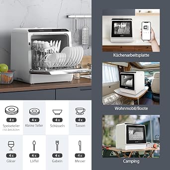 Portable Dishwasher Countertop, WIFI Smart Dishwasher, Compact Mini Dishwashers with 5L Built-in Water Tank, 6 Programs, 360 Dual Spray, High-Temp& Air-Dry Function, Fruit Cleaning