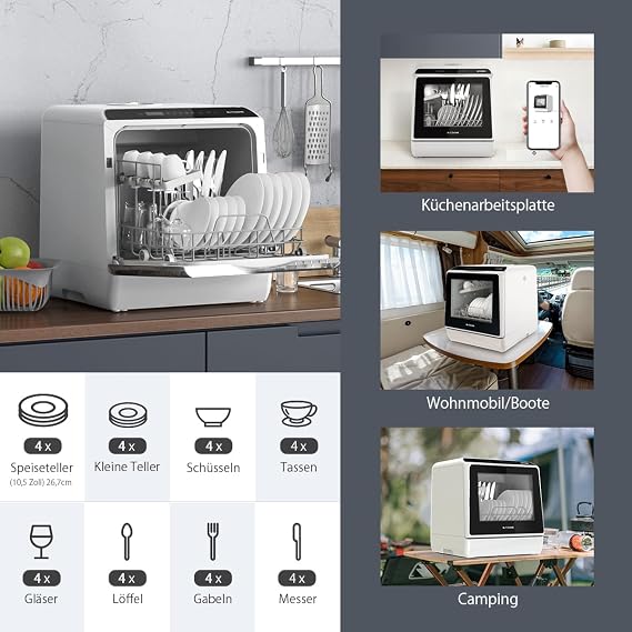 Portable Dishwasher Countertop, WIFI Smart Dishwasher, Compact Mini Dishwashers with 5L Built-in Water Tank, 6 Programs, 360 Dual Spray, High-Temp& Air-Dry Function, Fruit Cleaning