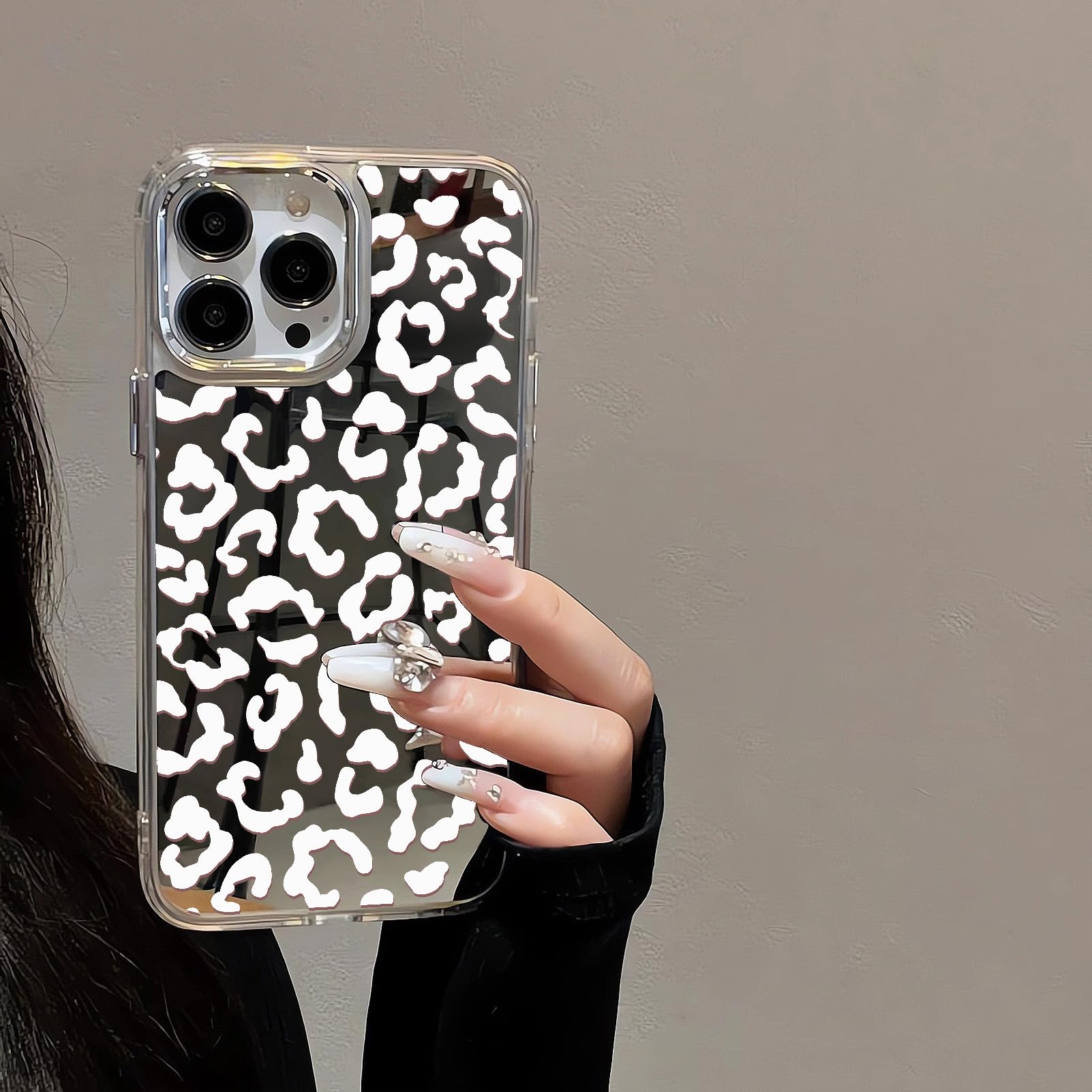 xoniery Compatible with iPhone 14 Pro Max Cute White Leopard Glossy Mirror Case [ Electroplated Lens Frame ] [ Senior Shockproof Protection ] iPhone 14 Pro Max Shockproof Case for Man Women Girls