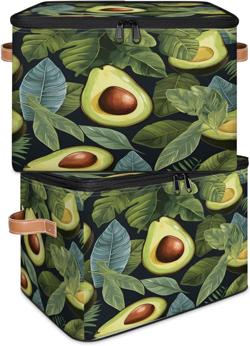 Storage Bin Set of 2 Avocado Leaf Storage Basket with Zipper Lid & Handle Foldable Closet Shelf 2 Pack Cloth Organizer Basket Cube Bins Clothes Organizer for Nursery, Bedroom
