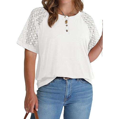 Eytino Plus Size Tops for Women Short Sleeve Lace Sleeve Casual Dressy Blouses with Buttons Summer Tees 1X-5X