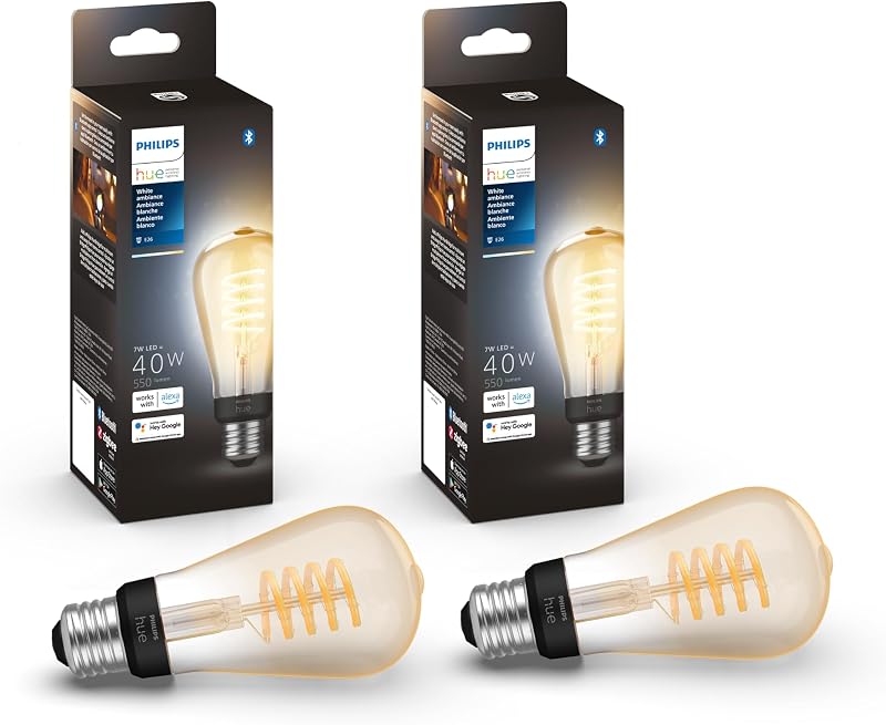 Philips Hue Smart Bombilla LED de filamento ST19 de 40 W - Luz blanca cálida a fría de ambiente blanco - Paquete de 2 - 550 lm - E26 - Interior - Control con la aplicación Hue - Funciona con Alexa, Google Assistant y Apple Homekit