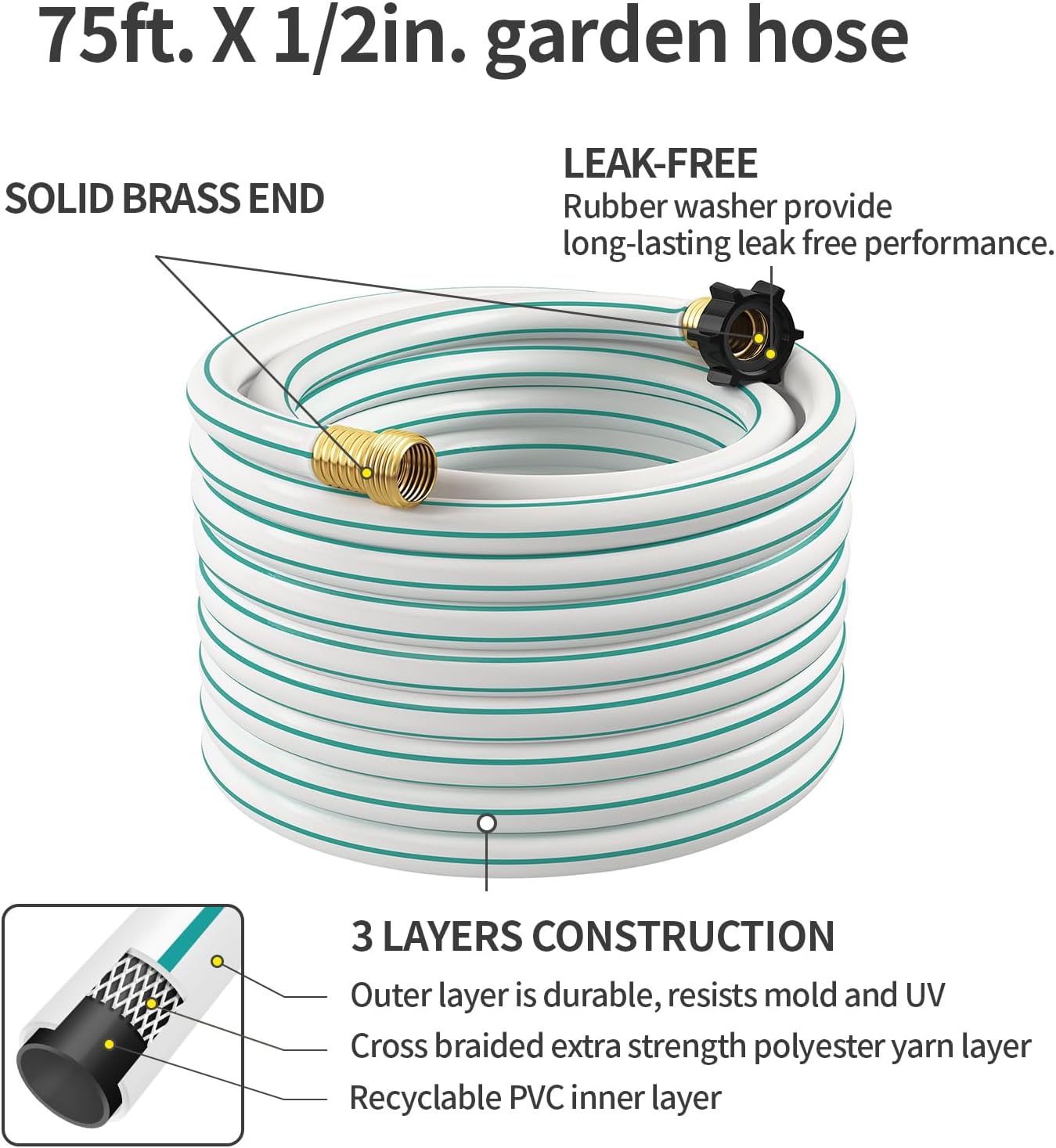 Garden Hose 75ft x 1/2", Lightweight Water Hose, No-Kink, Leak Free, Flexible Hose for Lawns, Male to Female 3/4" GHT Fittings(White)