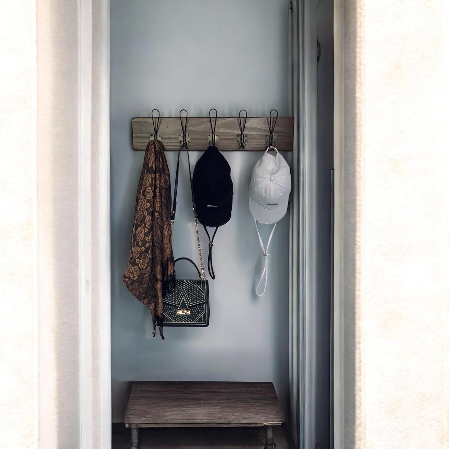 Wooden Coat Rack Wall Mount, 24" Pine with 5 Heavy Duty Antique Gold Hooks, Distressed Espresso Rustic Farmhouse for Entryway, Hallway, Bathroom, or Bedroom