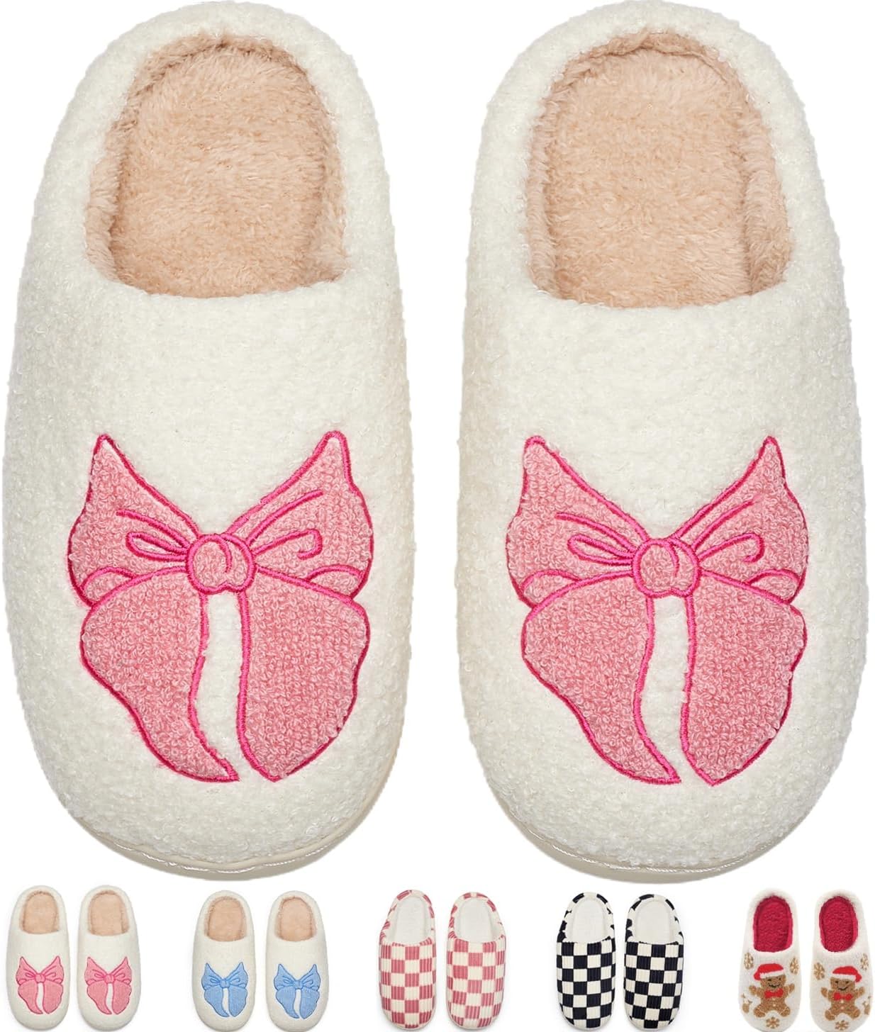 Cxiboh Women's Cute Bow Fuzzy House Slippers - Memory Foam Non-Slip Warm Indoor Outdoor Shoes