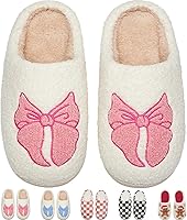 Cxiboh Women's Cute Bow Fuzzy House Slippers - Memory Foam Non-Slip Warm Indoor Outdoor Shoes