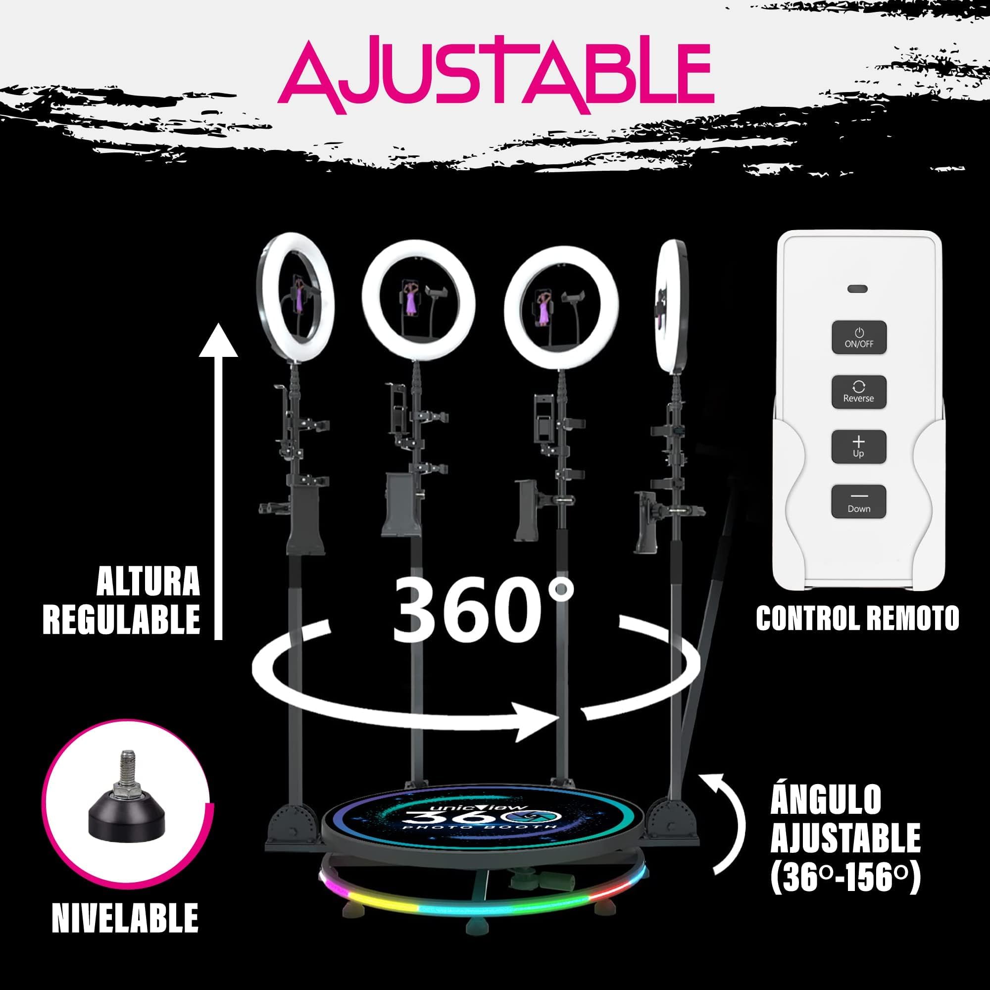 Photo Booth 360, Incluye Mando a Distancia y Soportes para Smartphone, iPad, gopro y cámara Reflex, Anillo de iluminación, Giro configurable Desde el Mando, Maleta (Photobooth 360 de 80cm)