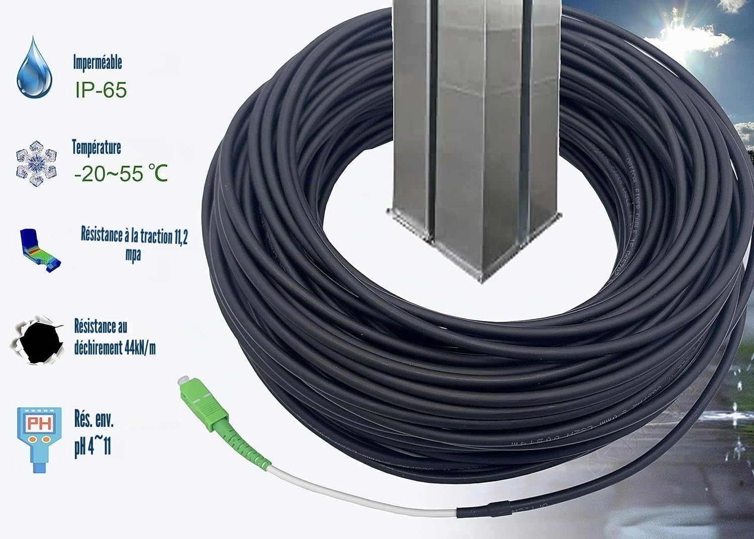 Elfcam - 500m Câble Fibre Optique SC/APC vers SC/APC Monomode Simplex OS2 G657A2, Double Gaine LSZH 5,0 mm, Faible Perte, Résistant à la Courbure, Noir, pour FTTH, Box Internet, Réseau Fibre