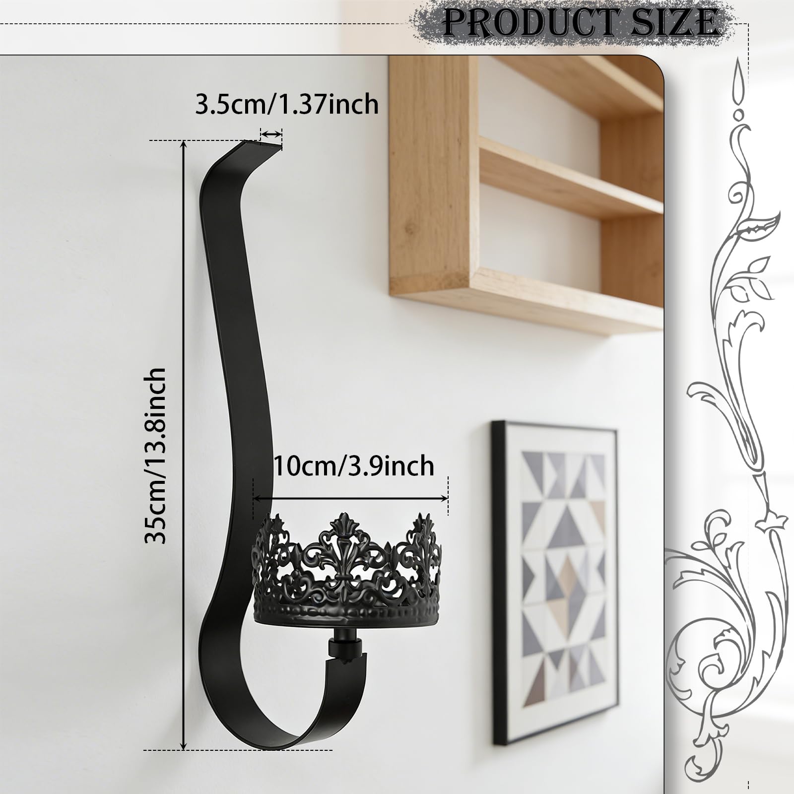 Juego de 2 candelabros de pared de metal negro, portavelas rústicos de granja con bandeja de 4 pulgadas para sala de estar, chimenea, pasillo, decoración de pared de estilo gótico (2, negro