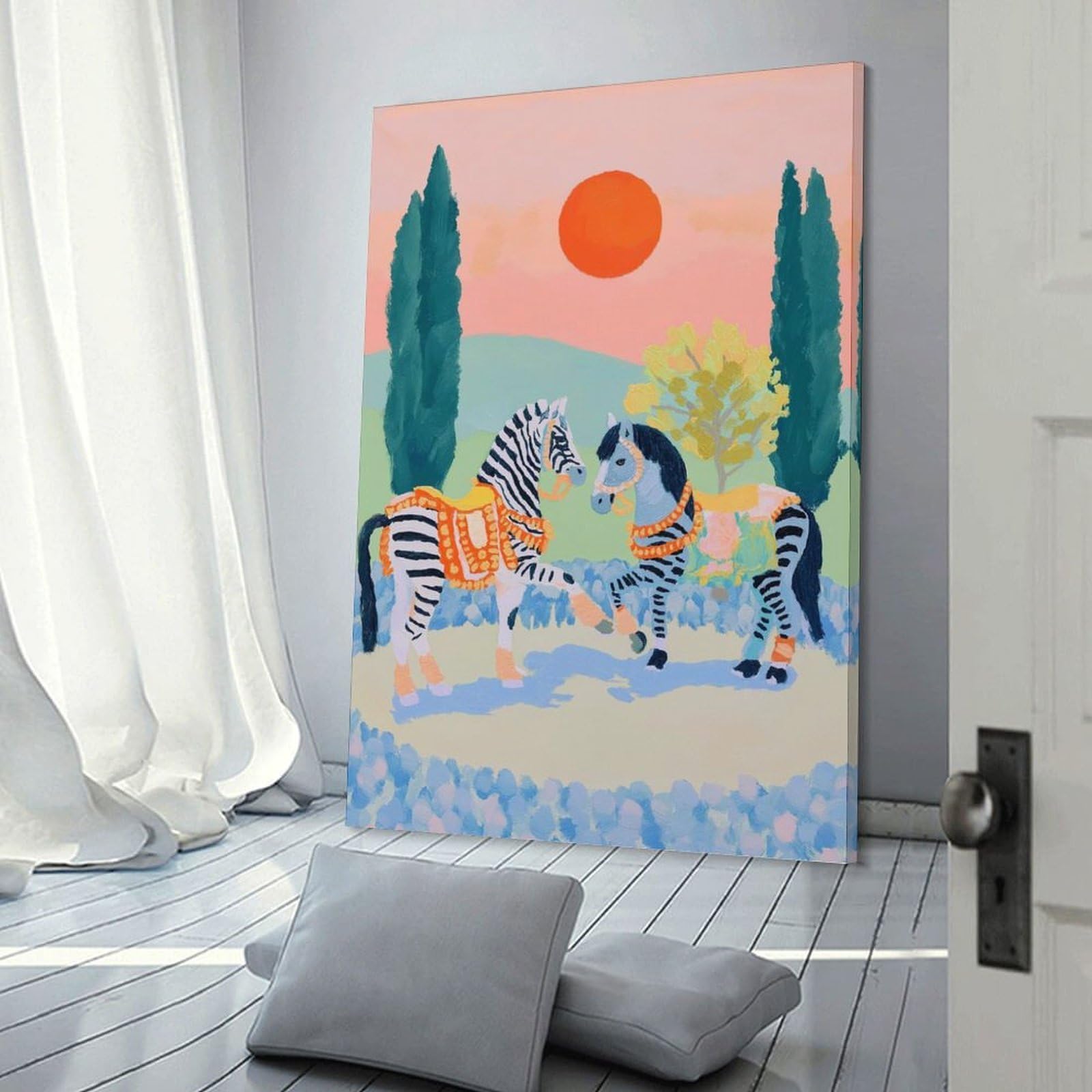 Junmoney Canvas Art Print Zebras in A Dreamy Landscape, 16x24inch(40x60cm), for New Homes, Bedrooms Or Workspaces, Thoughtful Wall Decor for Art Lovers