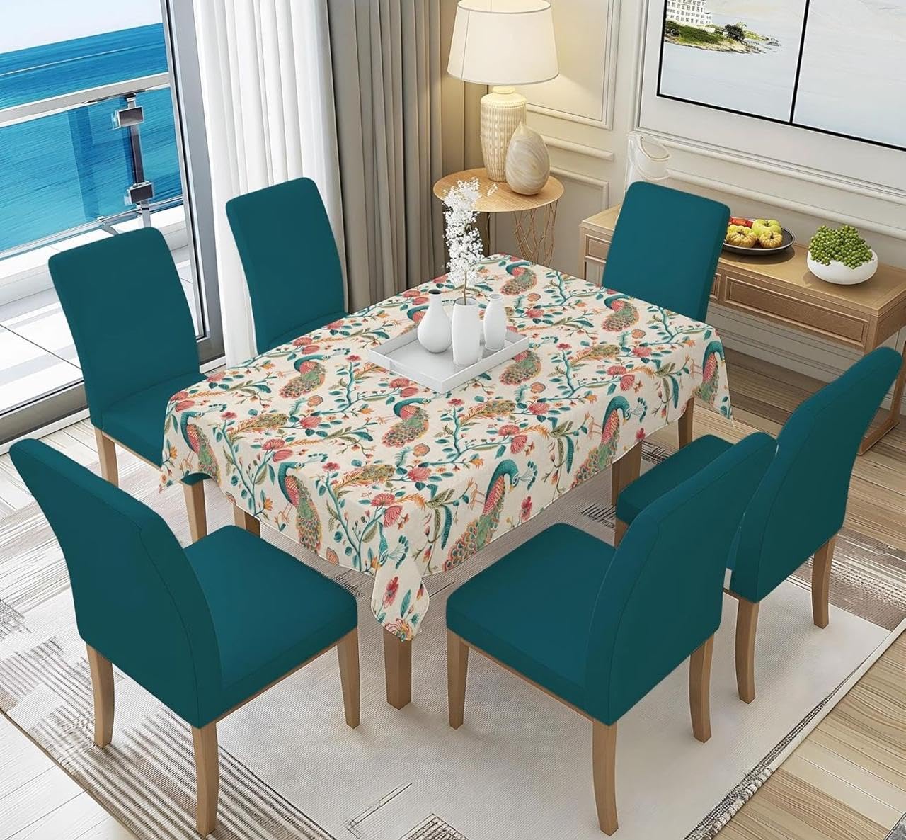 BLACK SPADE Presents Polycotton Printed Dining Table Cloth with Dining Chair Covers,Slipcovers (Green More, 6 Seater Table Cover + 6 Chair Cover)-image-25