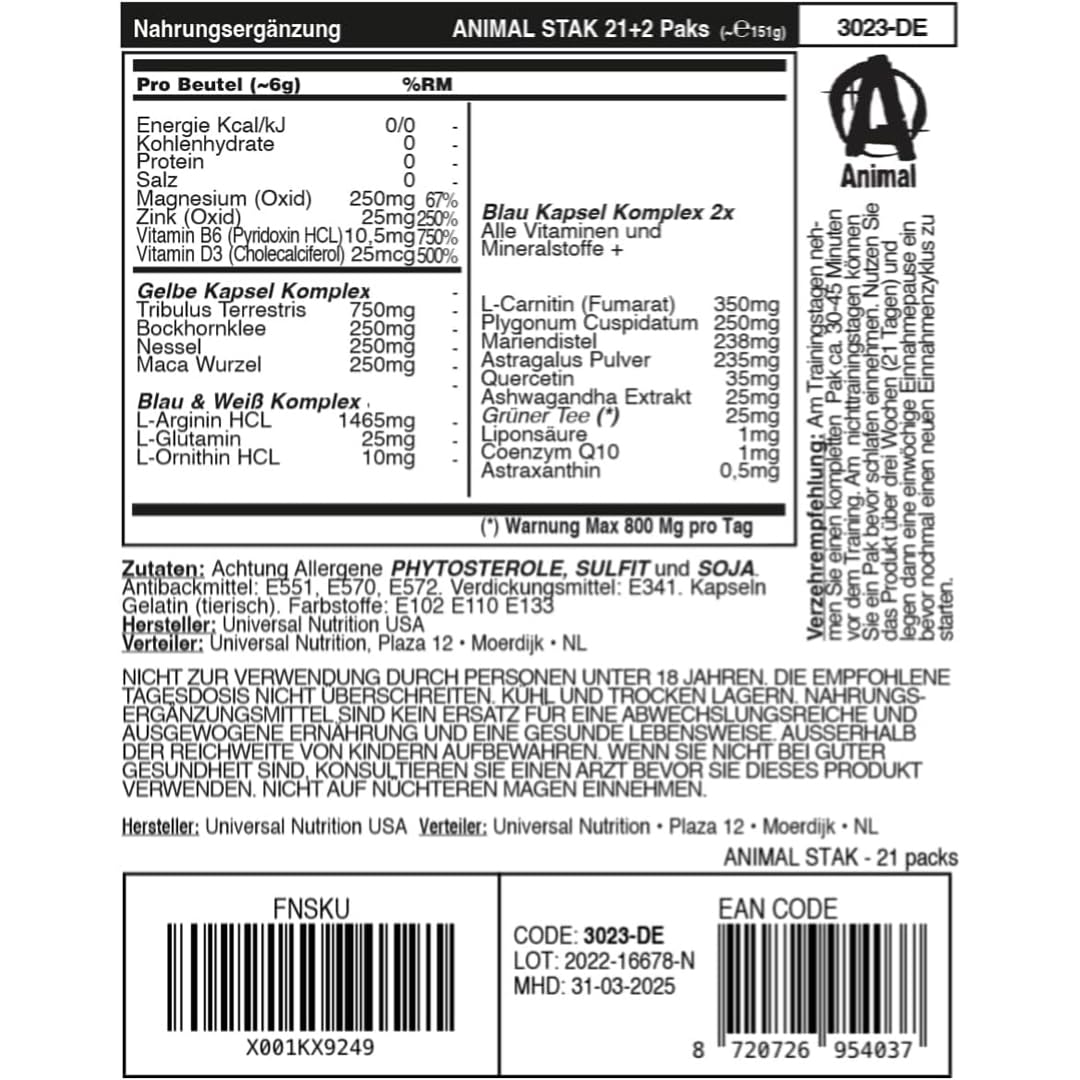 ANIMAL Stak - potenciador de testosterona y suplemento para desarrollo muscular, fuerza y rendimiento - Cápsulas con aminoácidos, vitaminas y minerales - 21 paquetes