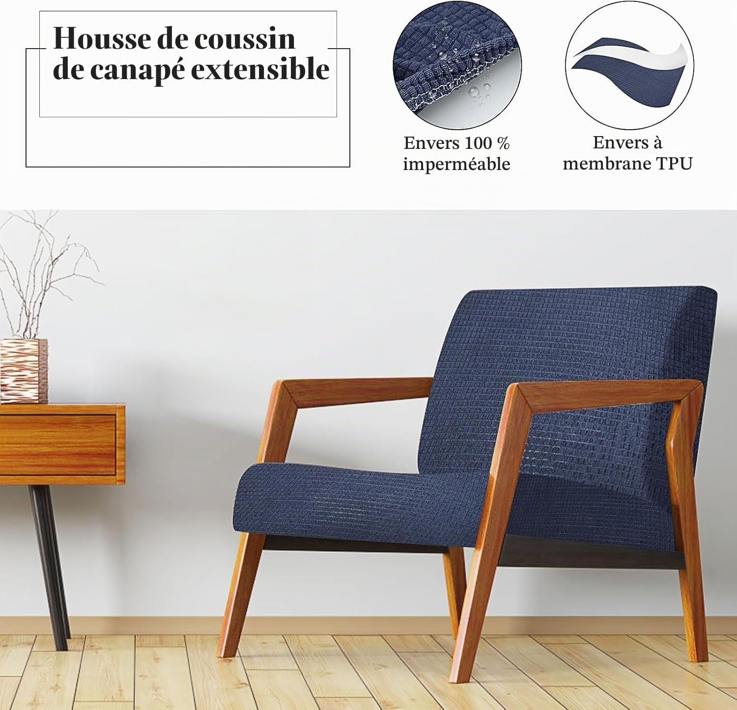 MALLOOM Lot de 8 Housses Extensibles imperméables pour Coussins d’extérieur – Housses de Rechange lavables pour canapé de Jardin ou d’intérieur (Bleu Marine, Housses Uniquement)