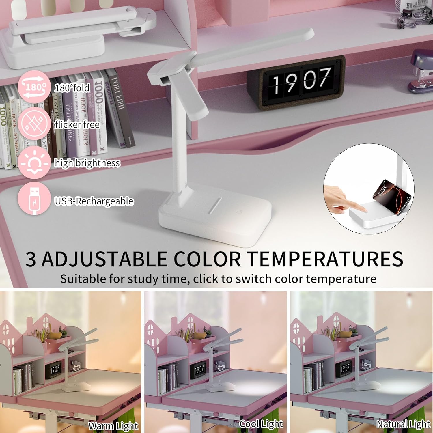 Kids Desk and Chair Set for Ages 3-12, Height Adjustable Study Desk with 54°Tilt Desktop, Children Writing Set with LED Light & Drawer & Hook & Cushion, Gift for Girls Boys in Home and School, Pink