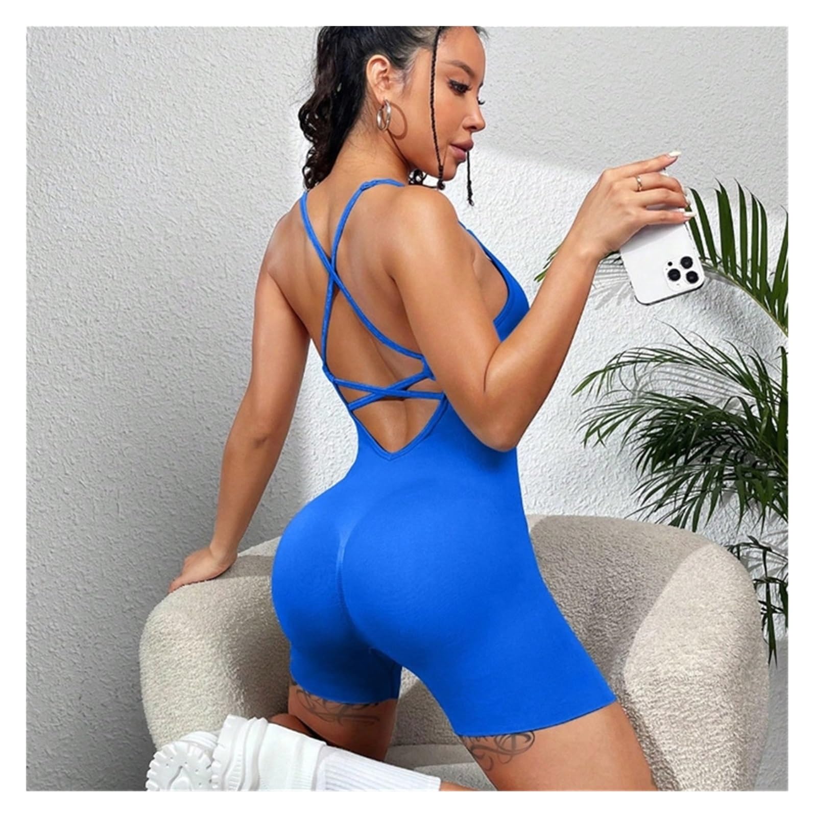 Mono de Yoga Mono Deportivo Sexy for Mujer, Mono Deportivo Ajustable Cruzado, Traje de Yoga for Correr, Pantalones Cortos con Espalda Descubierta, Conjunto de Mameluco(Blue,S)