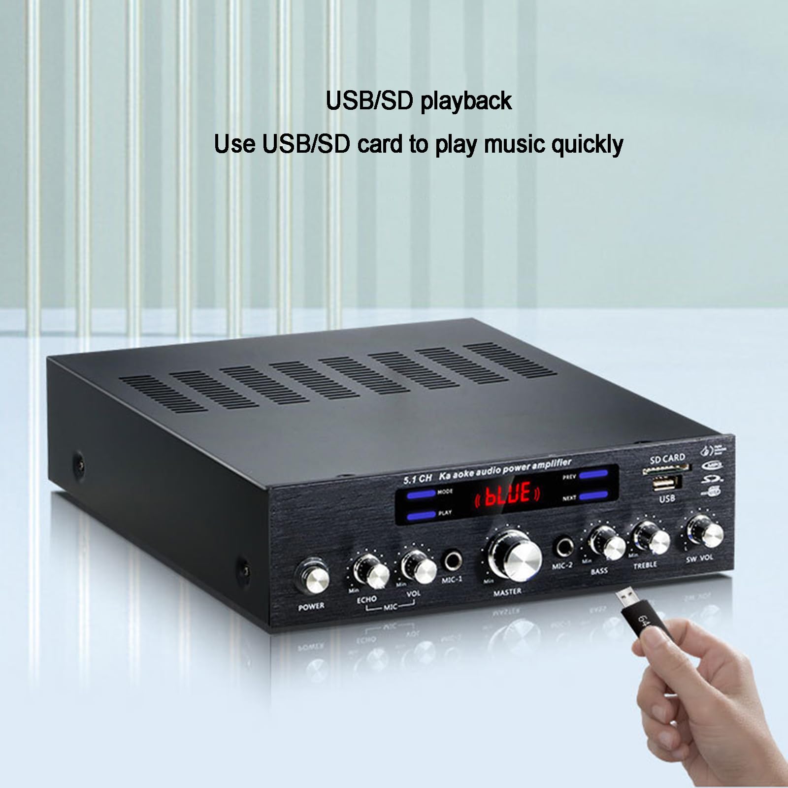 Amplificatore Bluetooth 5.1, Amplificatore Audio Stereo HiFi per Altoparlanti, con Display LCD E Telecomando, Ingresso USB/SD/RCA/Mic