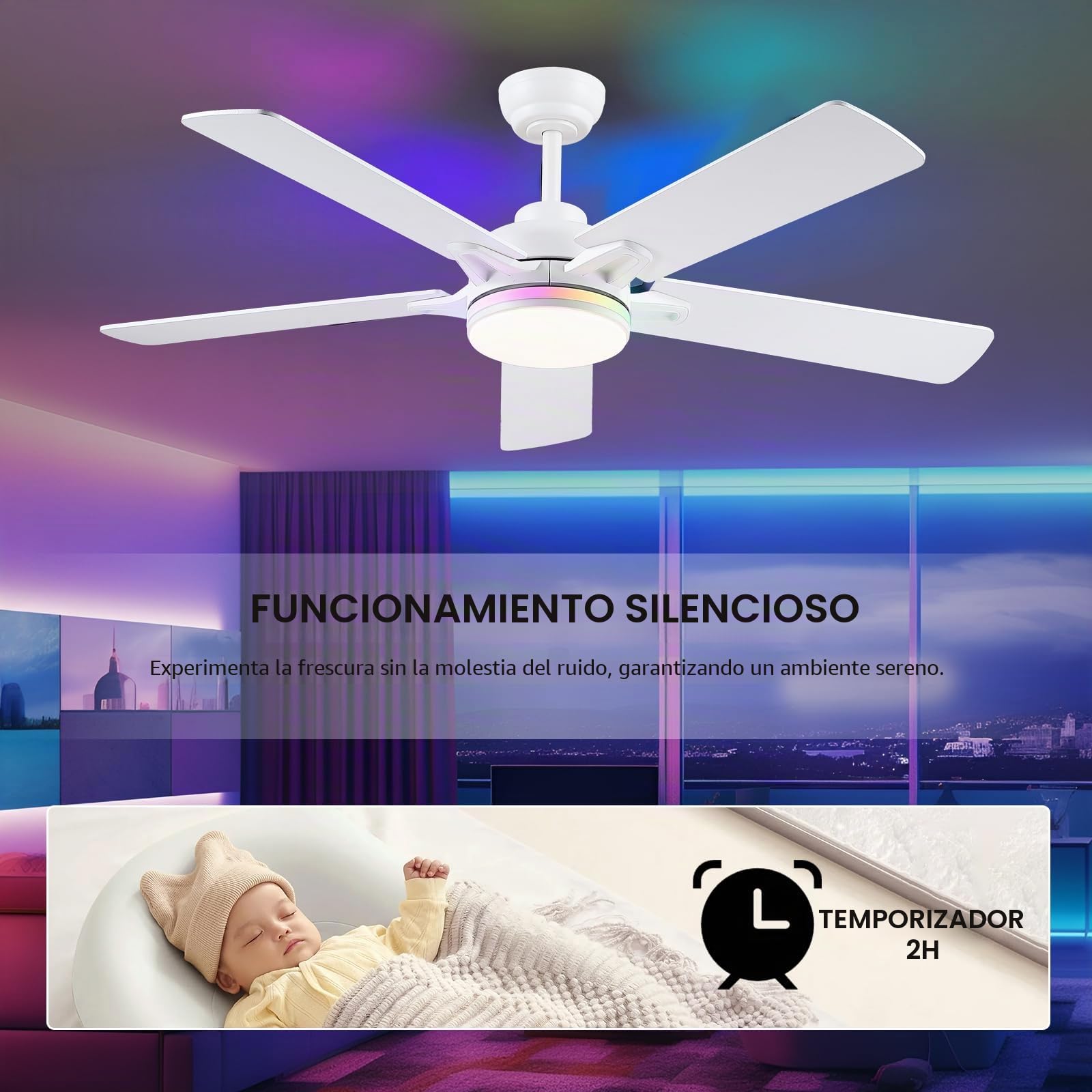 Kviflon RGB Ventilador de Techo con Luz Silencioso 132 cm, Modernos Ventiladores de Techo con Mando a Distancia y APP para Dormitorio Salon, Motor dc Reversible, LED Regulable, Aspas de Madera, Blanco