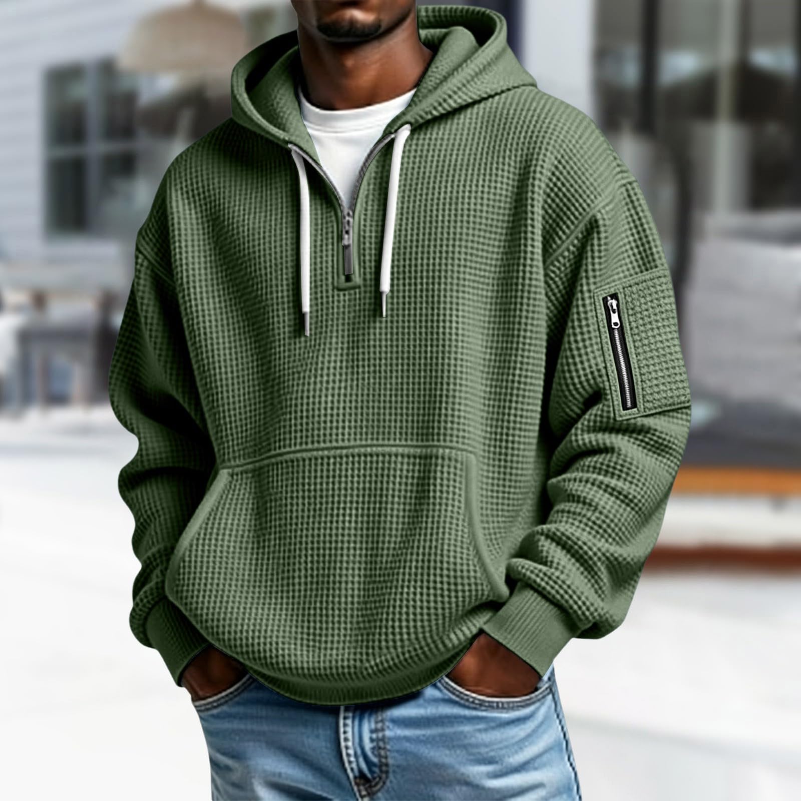Felpa da uomo con cerniera a quarto e cappuccio, oversize, a nido d'ape