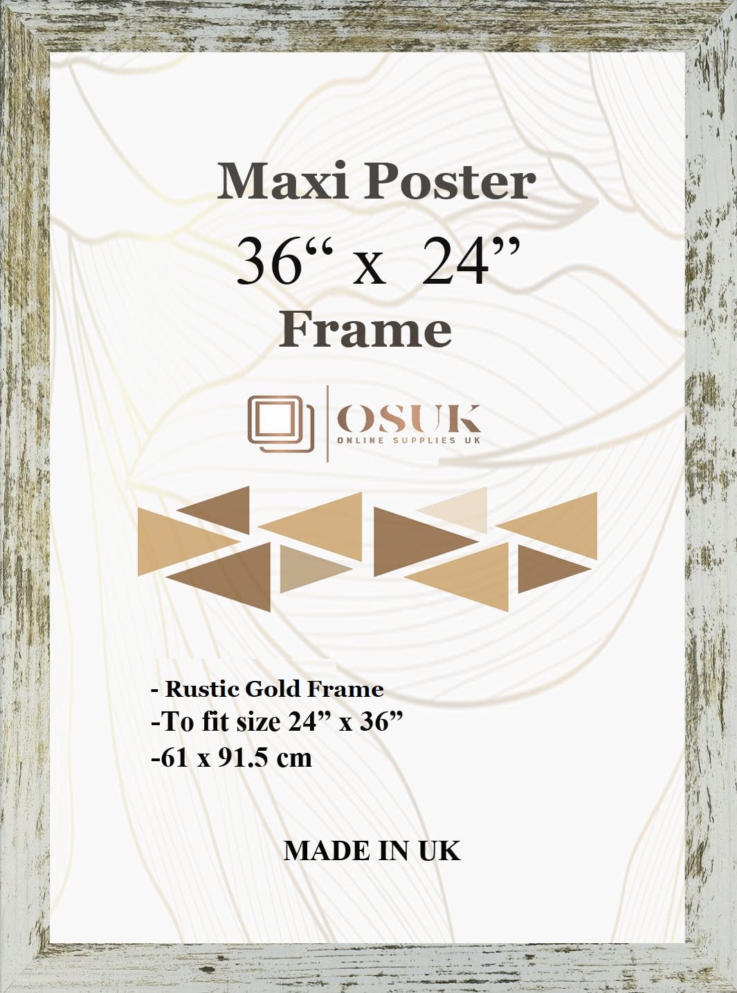 OSUK Rustic Gold Maxi Poster Frame 61 x 91.5cm - Large Photo Frame 36 x 24 Inch - 91.5 x 61cm Poster Frames With Clear Perspex Front & Wall Mounting Hooks - Rustic Gold 24" x 36" Picture Frame