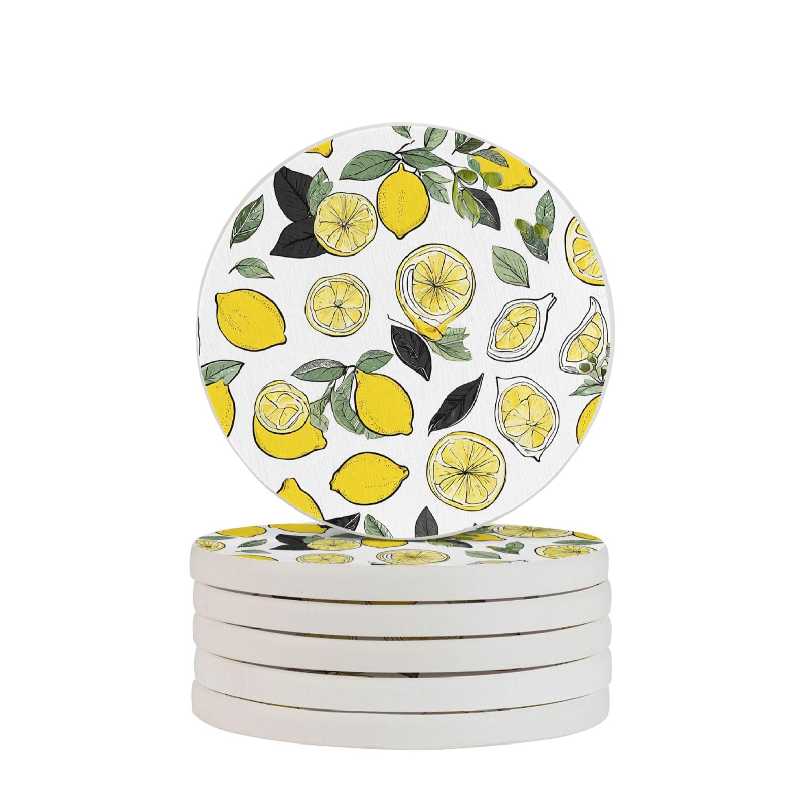 Dessous de verre en diatomite lot de 6 imprimé citron jaune pour table