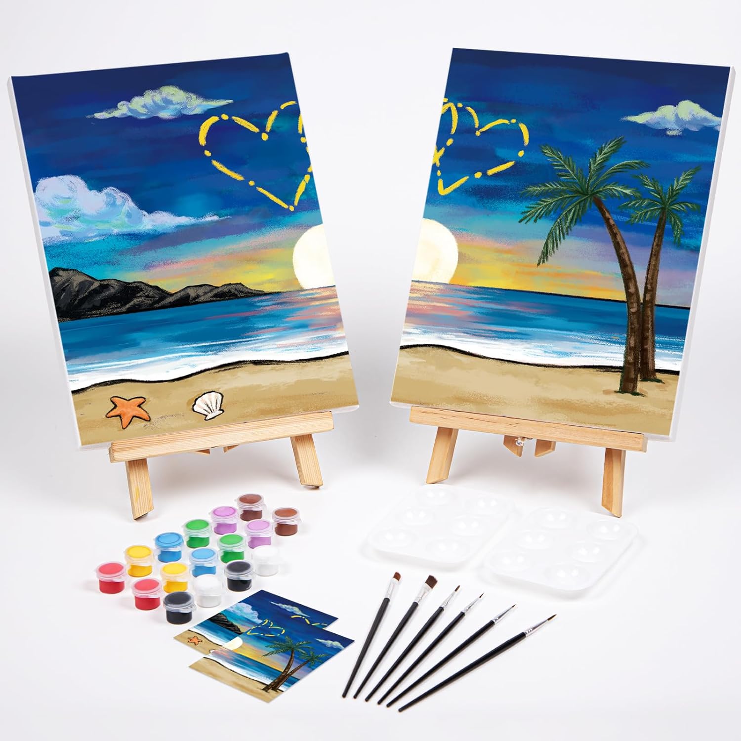 VOCHIC 2 Pack Sip and Paint Kit Pre Drawn Canvas for Painting for Adults Couples Date Night Games Outline Canvas Party Art Set Paints Brushes Pallets Valentine (12x16 Inches, Beach and Heart)