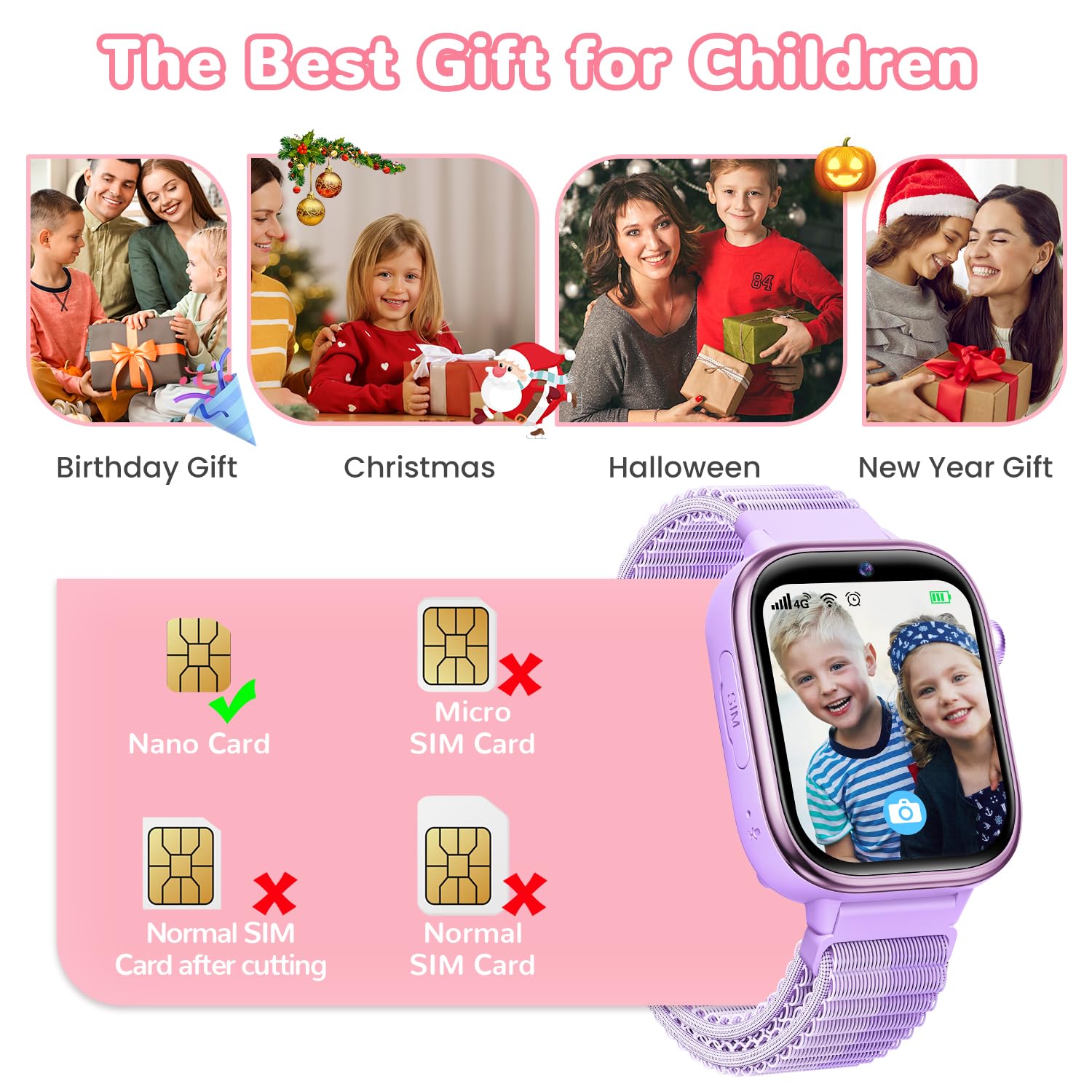 Minilandia 4G Smartwatch Bambini, Orologio Telefono Bambini con Videochiamate/GPS/SOS/Chat Vocale, Modalità Scuola, Sveglia, Contapassi, IP68 Impermeabile Smart Watch per Ragazzi Ragazze, Regalo Viola
