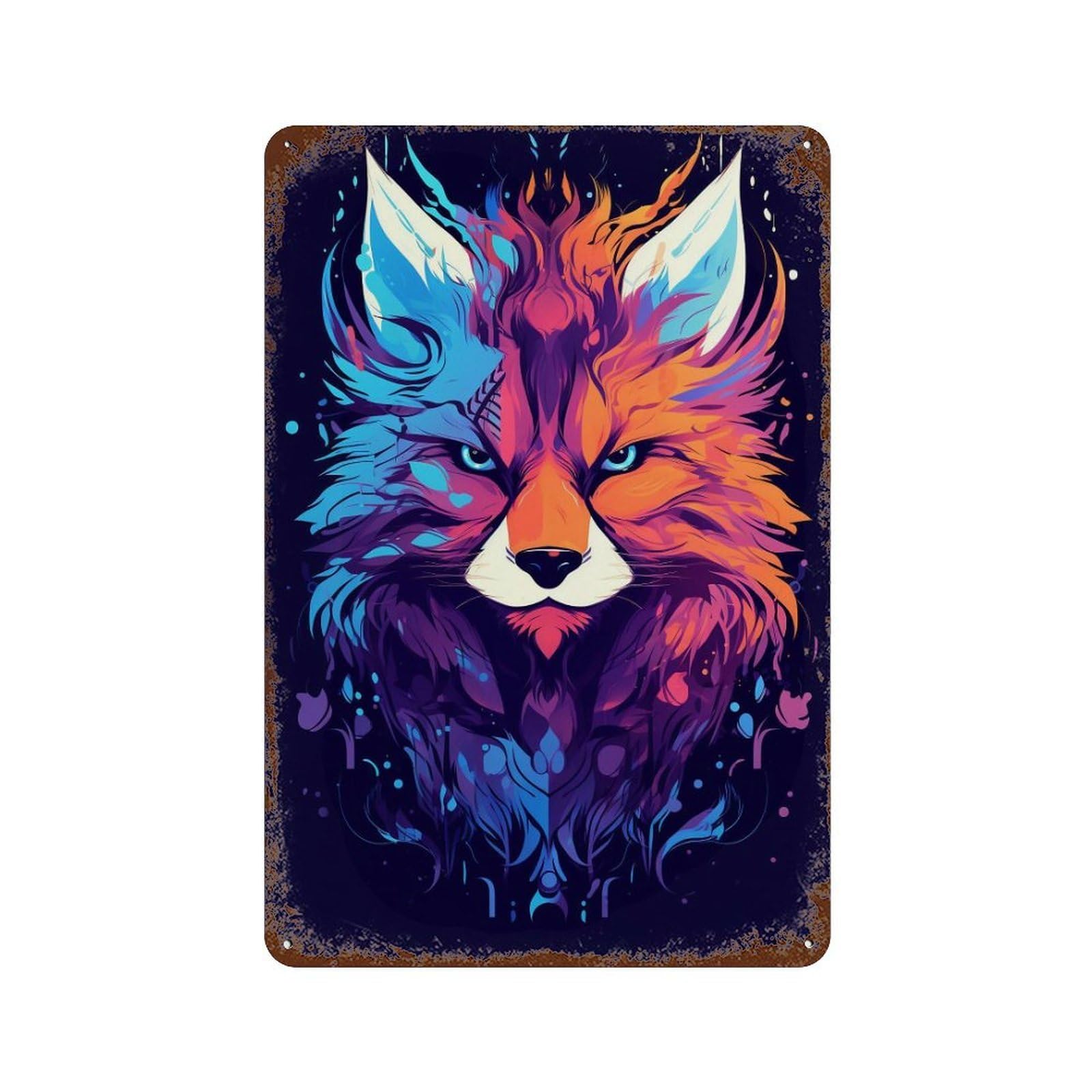 Colorful Fox Illustration Rust Effect Tin Sign 11.8"x7.9", Rustic Home Decor for Garage, Bar And Workshop Decor
