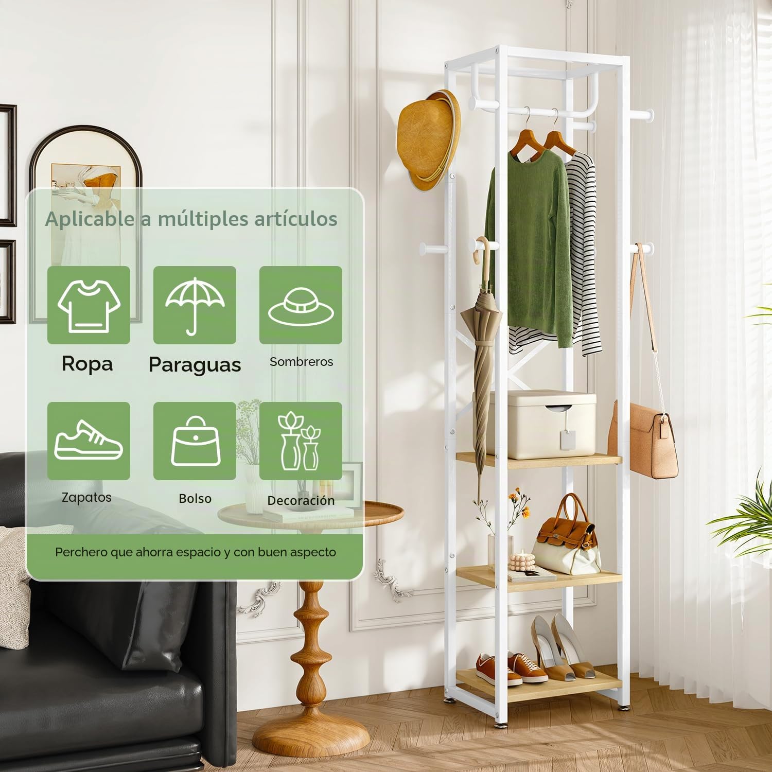 IBUYKE Perchero, Perchero independiente con 3 estantes y 8 ganchos, Perchero industrial de ropa para entrada, pasillo, dormitorio, 180 x 40 x 30 cm, color natural y blanco TMJ088R