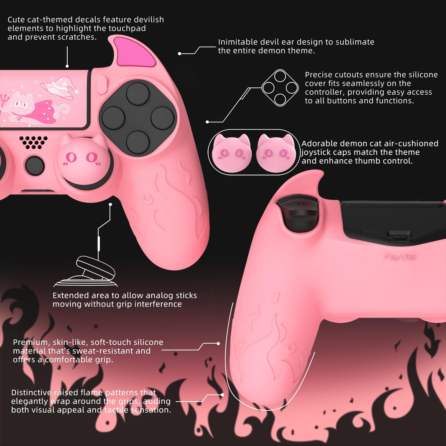 playvital Cover Controller per ps4 Joystick,Custodia Silicone Skin Protettiva Antiscivolo per ps4 Slim PRO Joypad&Skin Touchpad&Copri Levette Analogiche,Demone Carino,Rosa