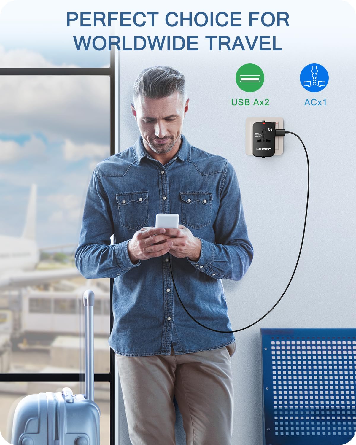 Adattatore Universale da Viaggio, LENCENT All in One Caricatore Adattatore di Alimentazione Internazionali con Doppia Porta Caricabatterie USB per USA UK Americane oltre 150 i Paesi nel Mondo