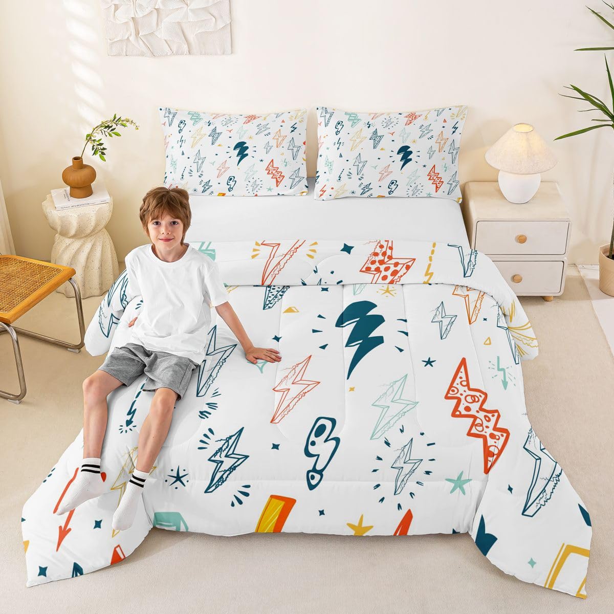 Homewish Cartoon Lightning Comforter Set Full Size Videos Games Bedding Set 3Pcs for Kids Boys Girls Teens Bedroom Decor Colorful Lightning Quilt Set