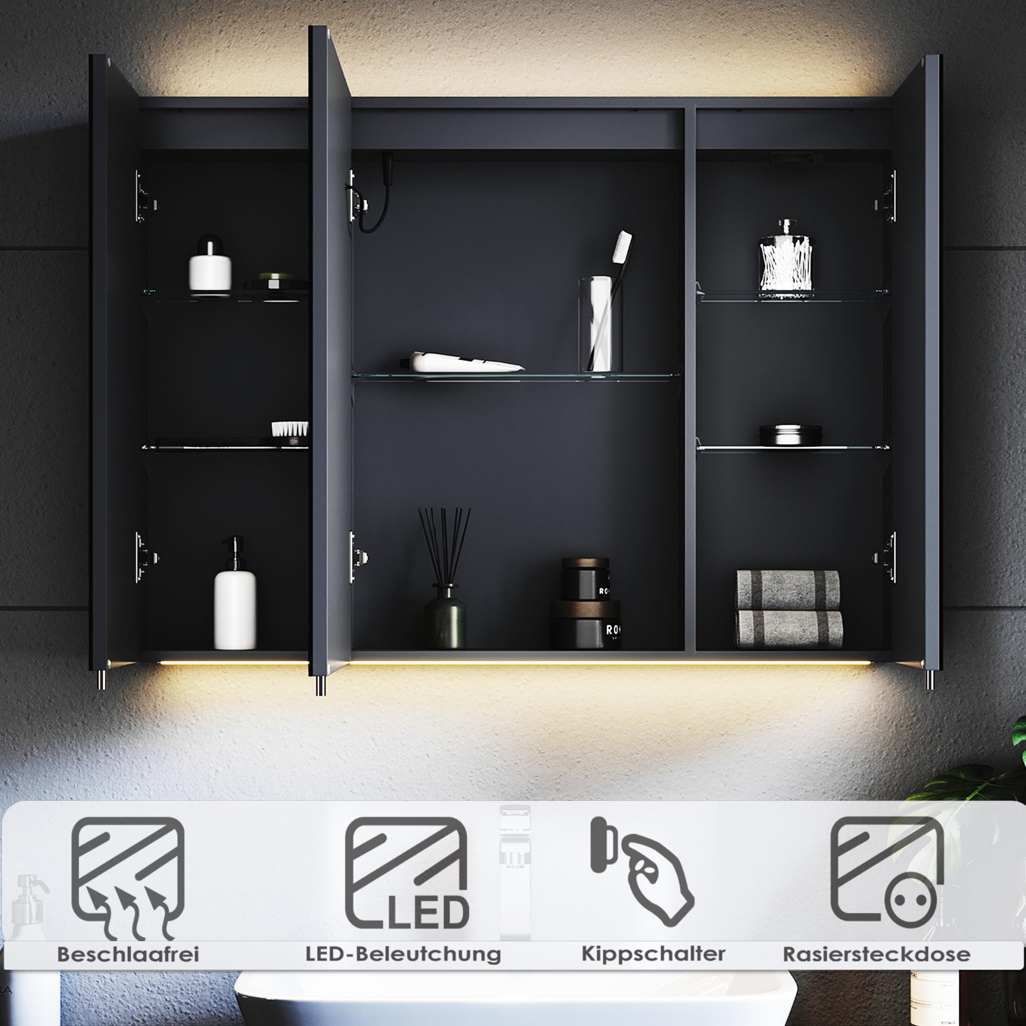 Spiegelschrank 900x650mm mit Beleuchtung, LED Badspiegelschrank, 3 Farbtemperatur dimmbare, Antibeschlag, Steckdose und Touch, Schwarz Smarter Spiegelschrank