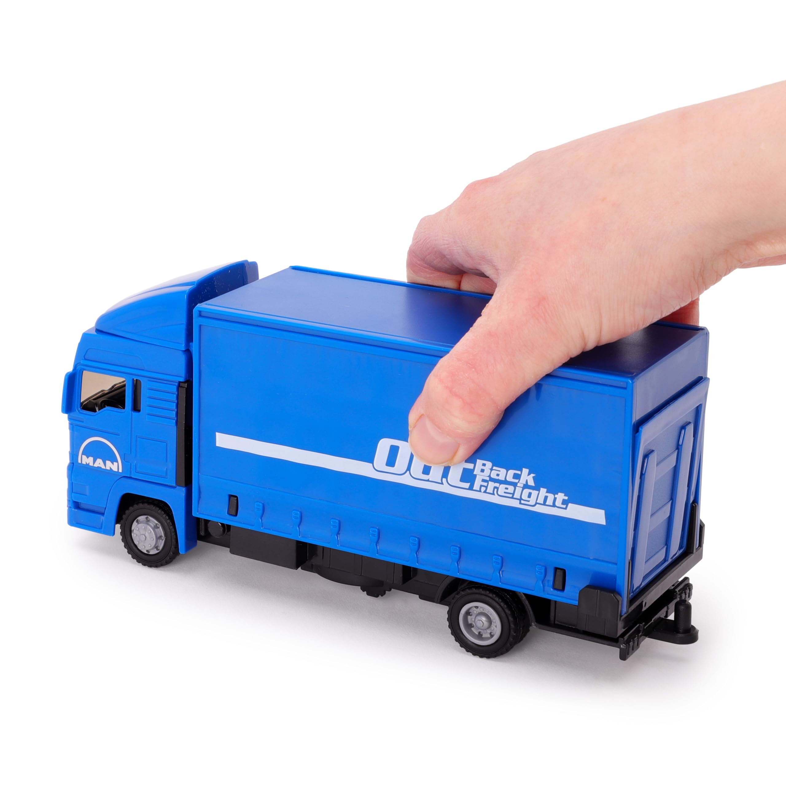 Toyland® 15cm (6") Set di veicoli Load & Go - Camion merci MAN con carrello elevatore e pallet - Giocattolo camion da trasporto - Scala 1:48 con costruzione in metallo e plastica - Età 3+ (Blu)