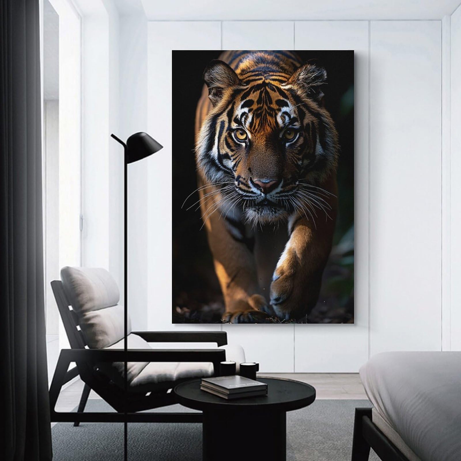 Junmoney Tiger Walking Forward in Dark Forest Canvas Wall Decor 08x12inch(20x30cm), for Home Lounge, Bedroom Or Reading Nook, A Home Accent with Warm Character