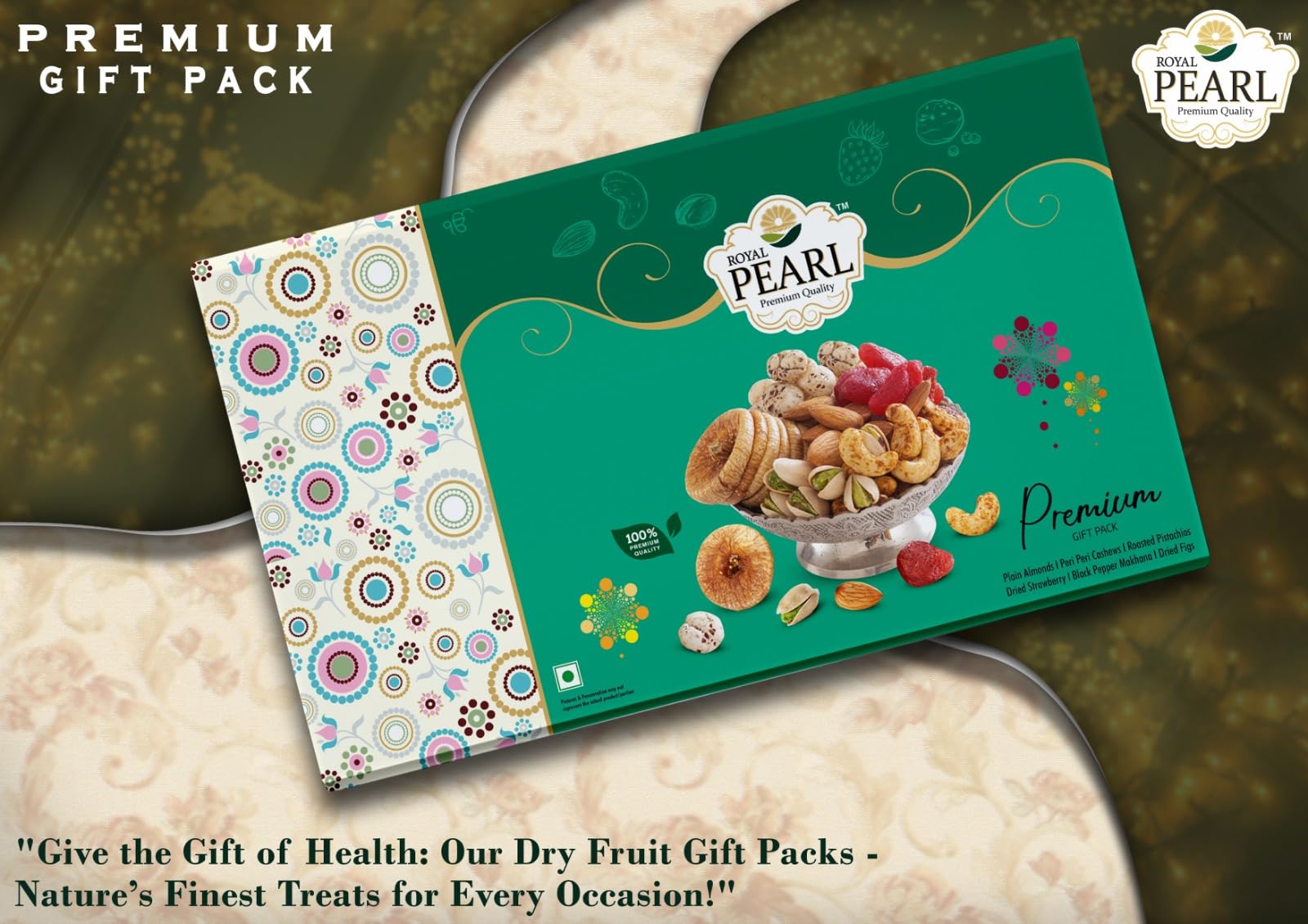 ROYAL PEARL Premium Dry Fruit Gift Box - 1050 Gram, Celebration Pack, Festive Gift, Assorted Pack for Festive Gifting Premium Pack, Diwali Gifting Corporate Gift, Almond 200 Gram, Dried Strawberry 200 Gram, Dried Fig ( Anjeer ) , Peri Peri Cashew 200 Gram, Roasted Pistachios 200 Gram, Roasted Black Pepper Foxnuts ( Makhana ) 50 Gram. 1