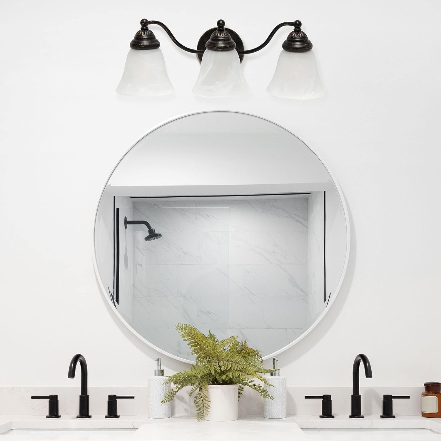 Simple Designs VT1023-ORB 19.25" Classic 3 Light Winding Metal & Frosted Marble White Bell Shape Glass Shades Decorative Wall Mounted Vanity Fixture For Bathroom, Entryway, Hallway, Oil Rubbed Bronze